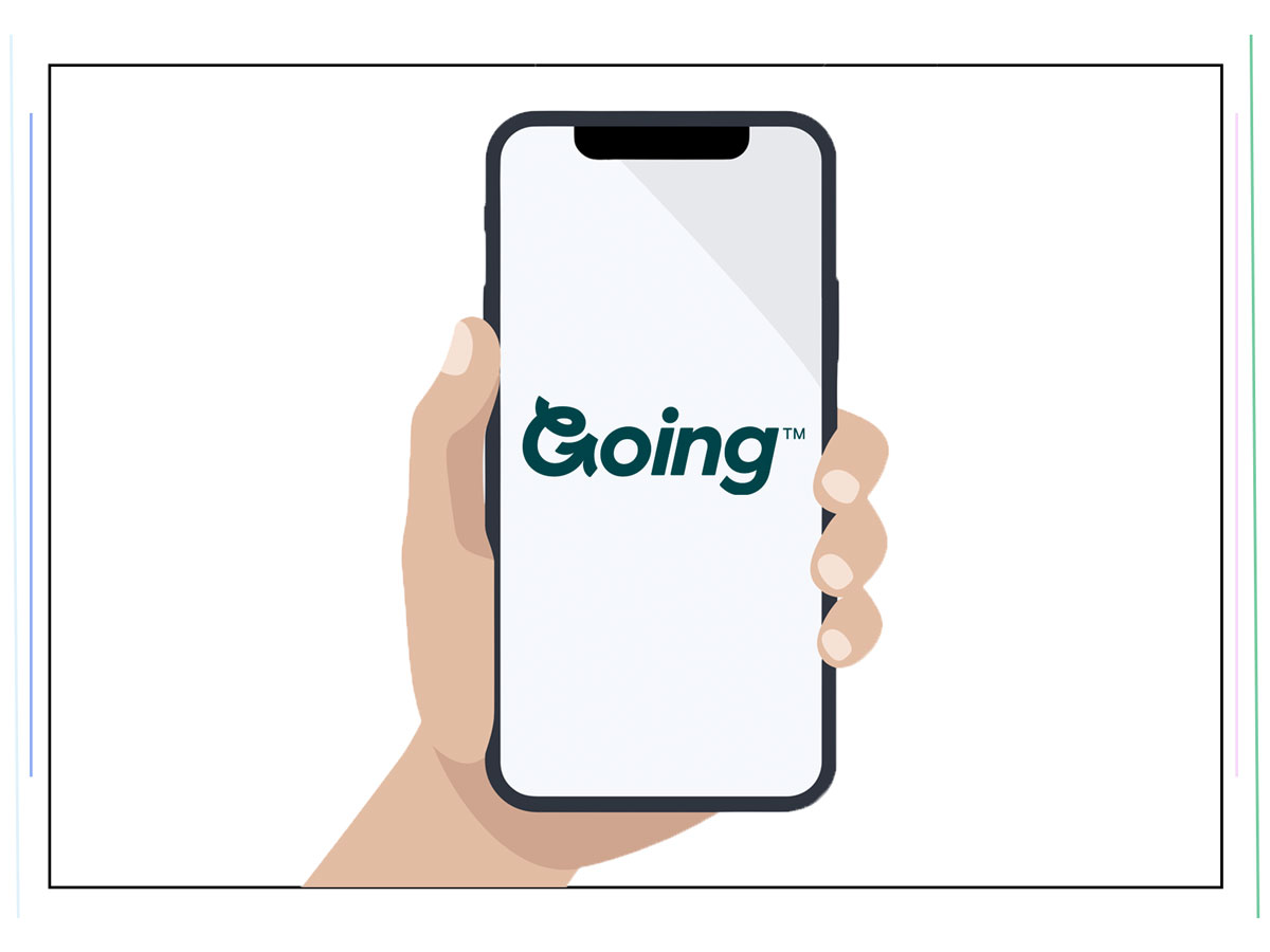 An image of a hand holding a phone with the Going app open