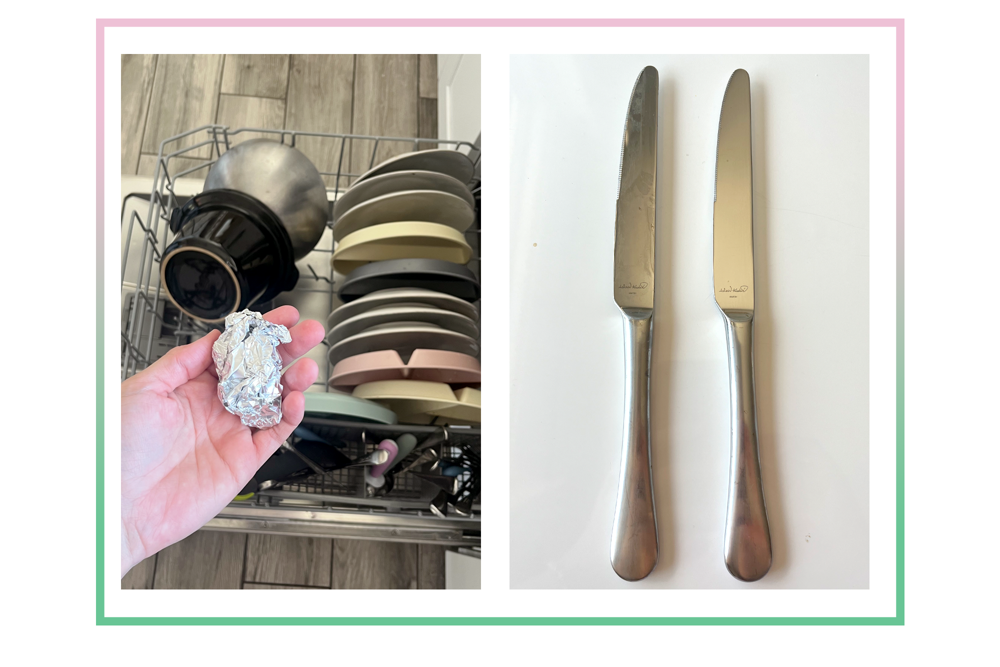 An image of a person holding a ball of aluminum foil and silverware