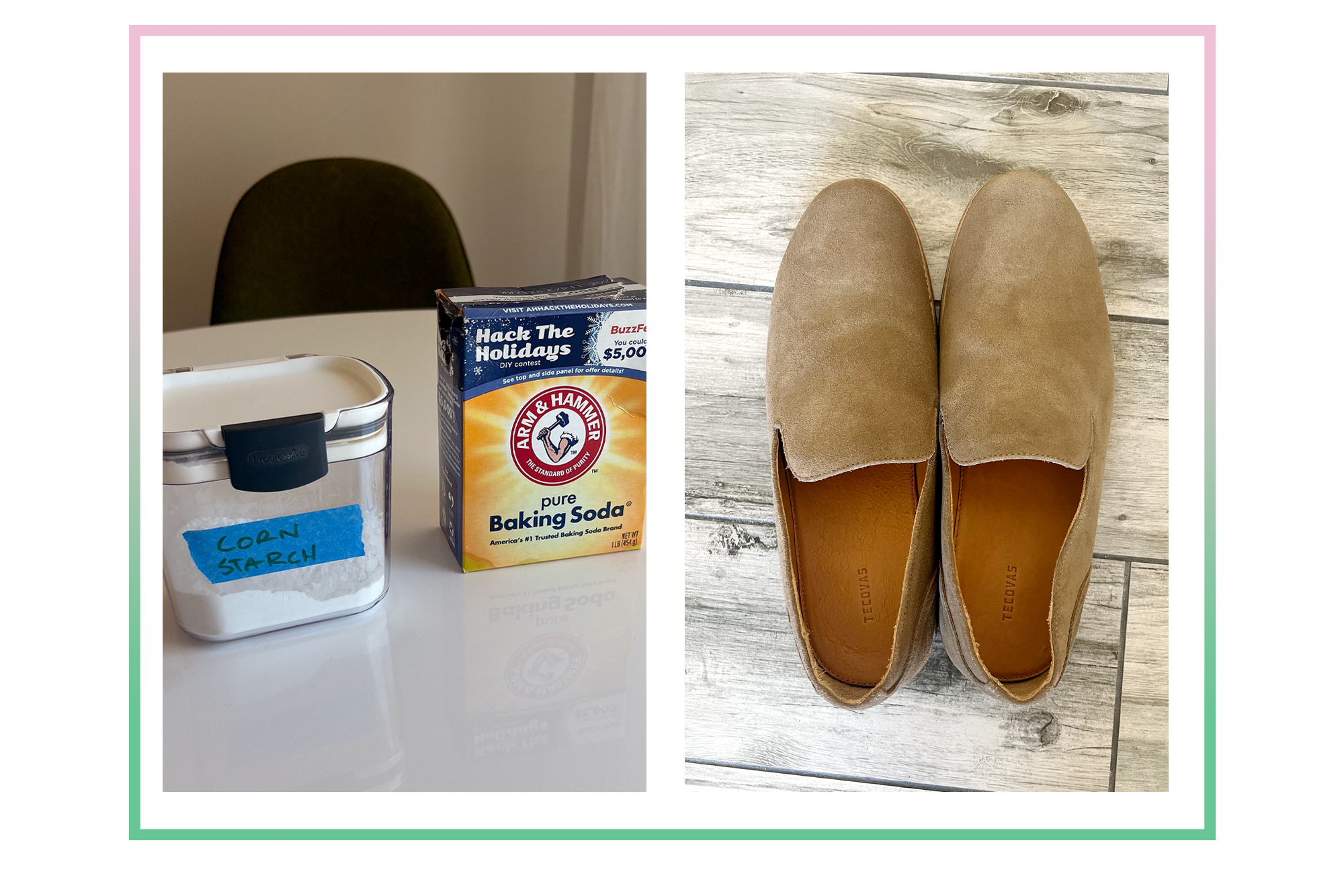 An image of corn starch, baking soda, and suede shoes