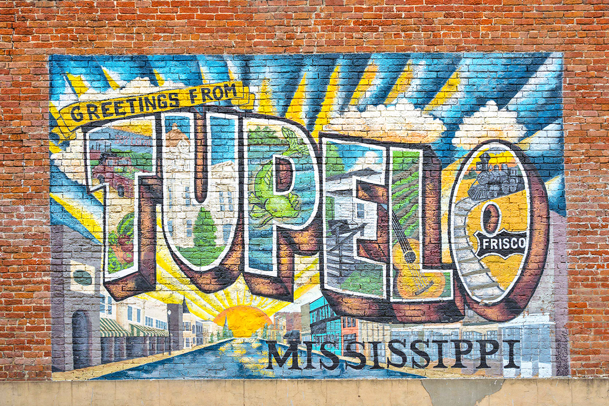 Mural on a brick wall in Tupelo
