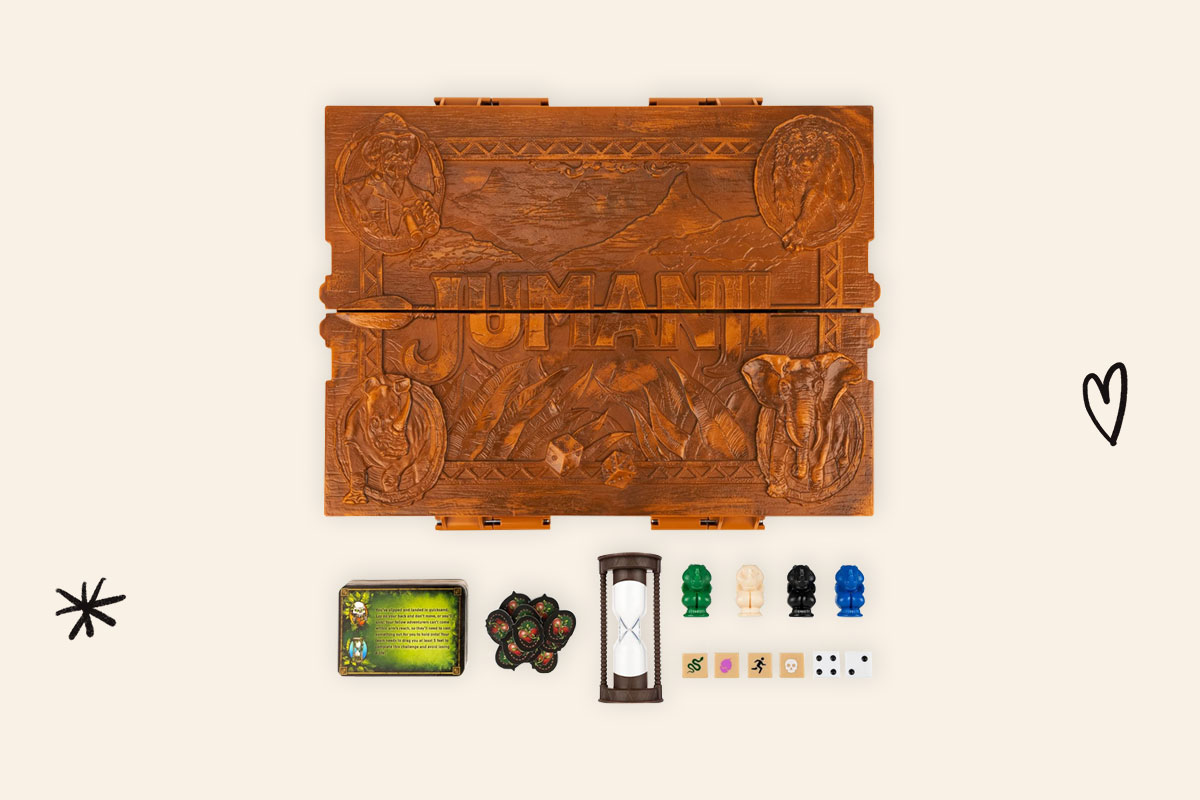 An image of the Jumanji board game and pieces