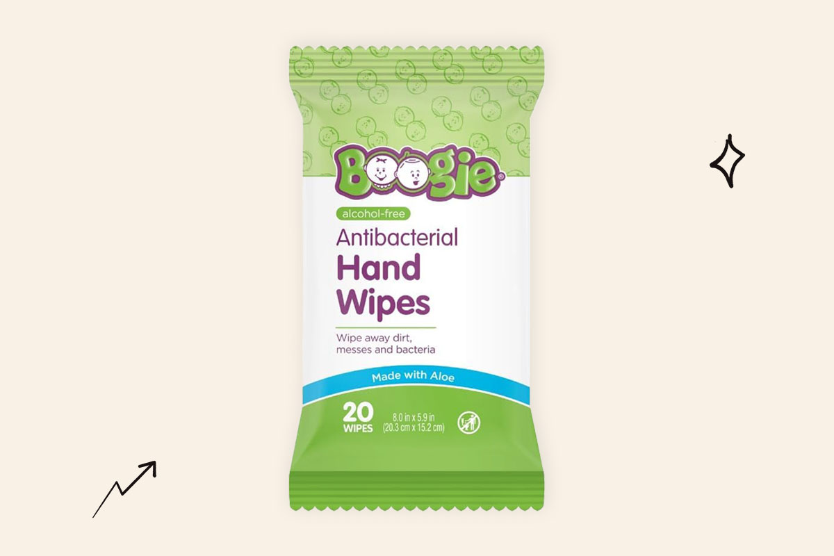 Image of a pack of Boogie antibacterial hand wipes