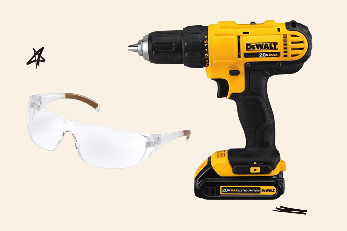 Drill and safety glasses