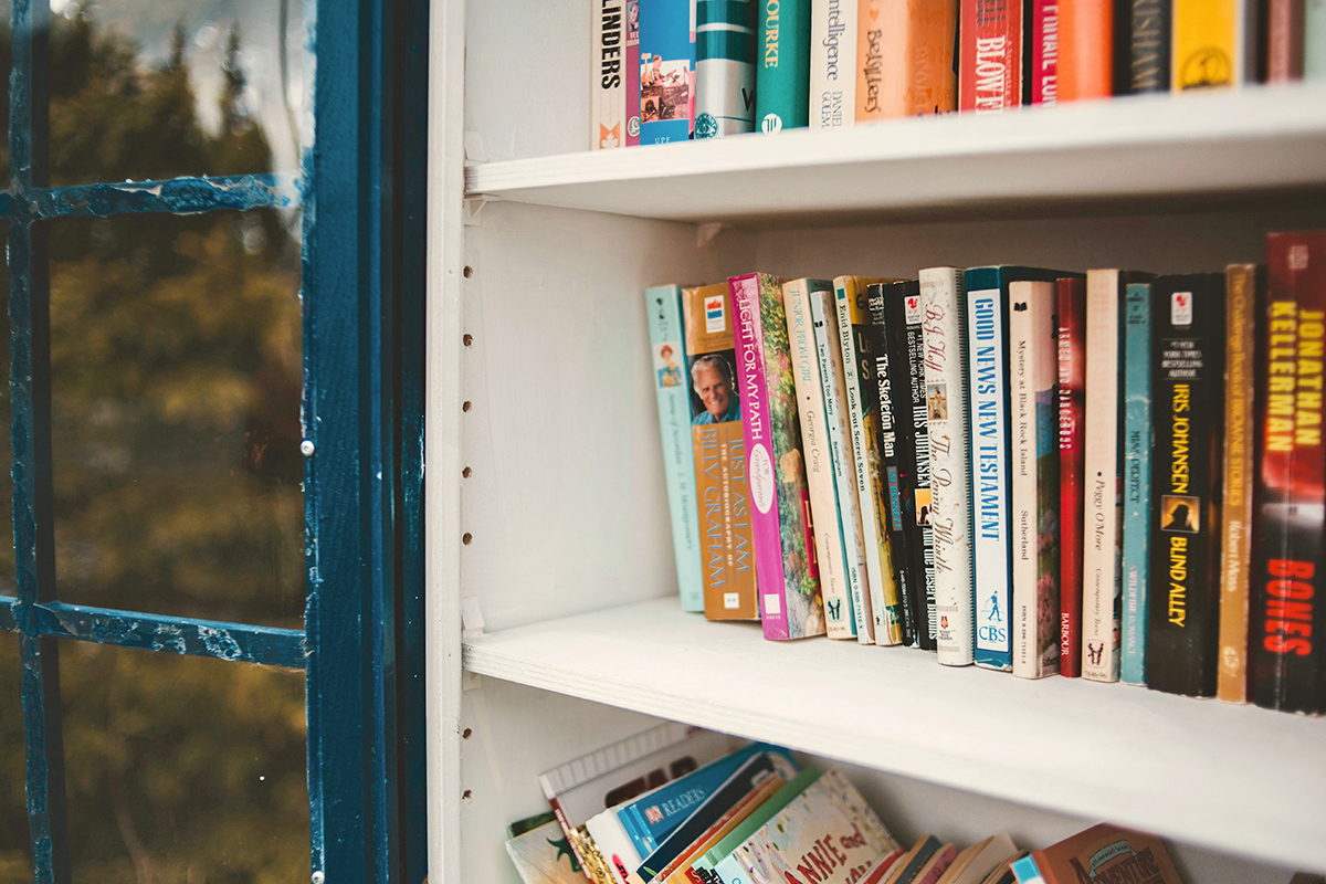 books on a white book shelf