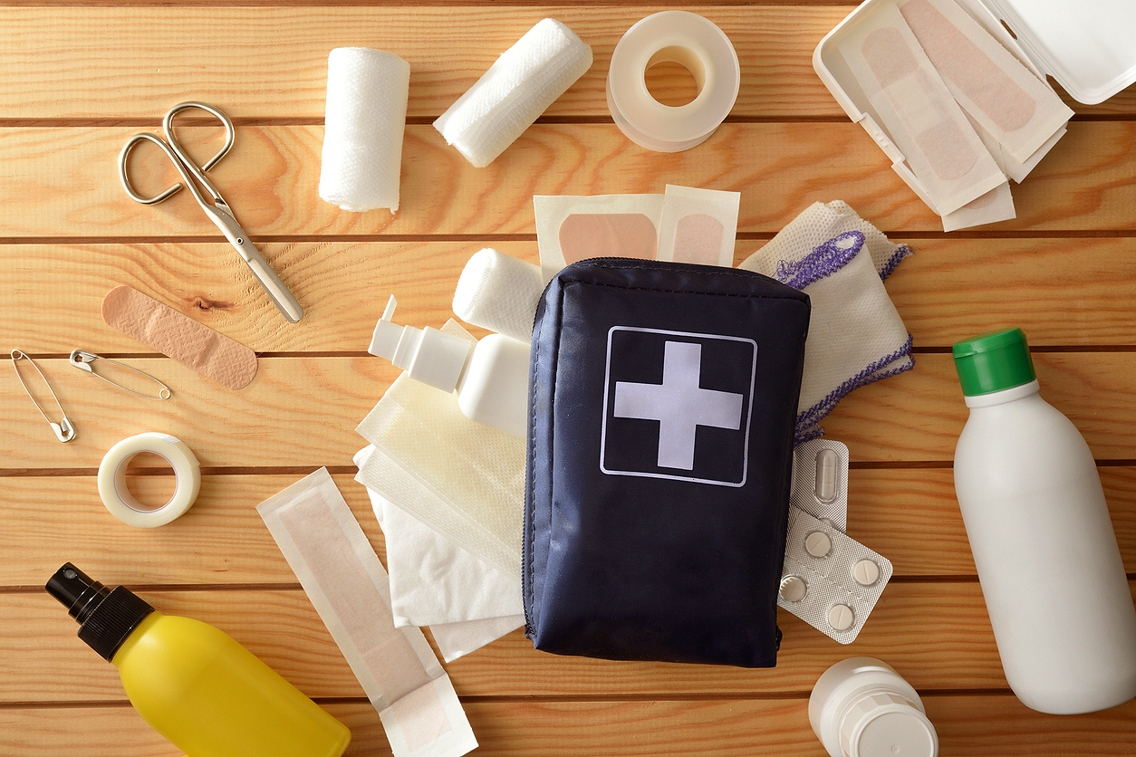 First aid supplies on a table