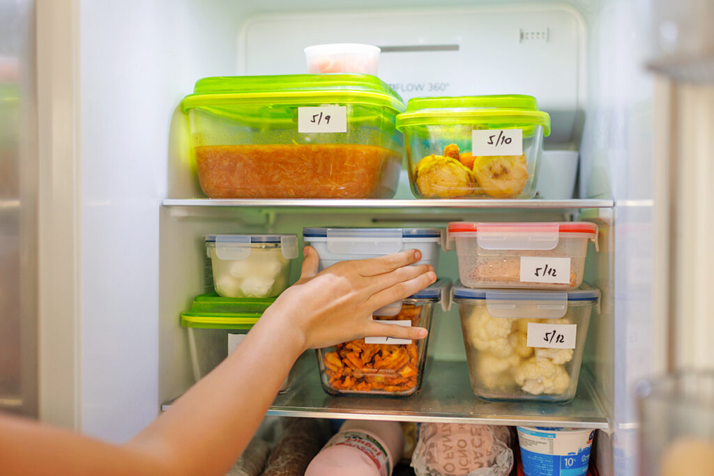 Leftovers in fridge with dates on the containers